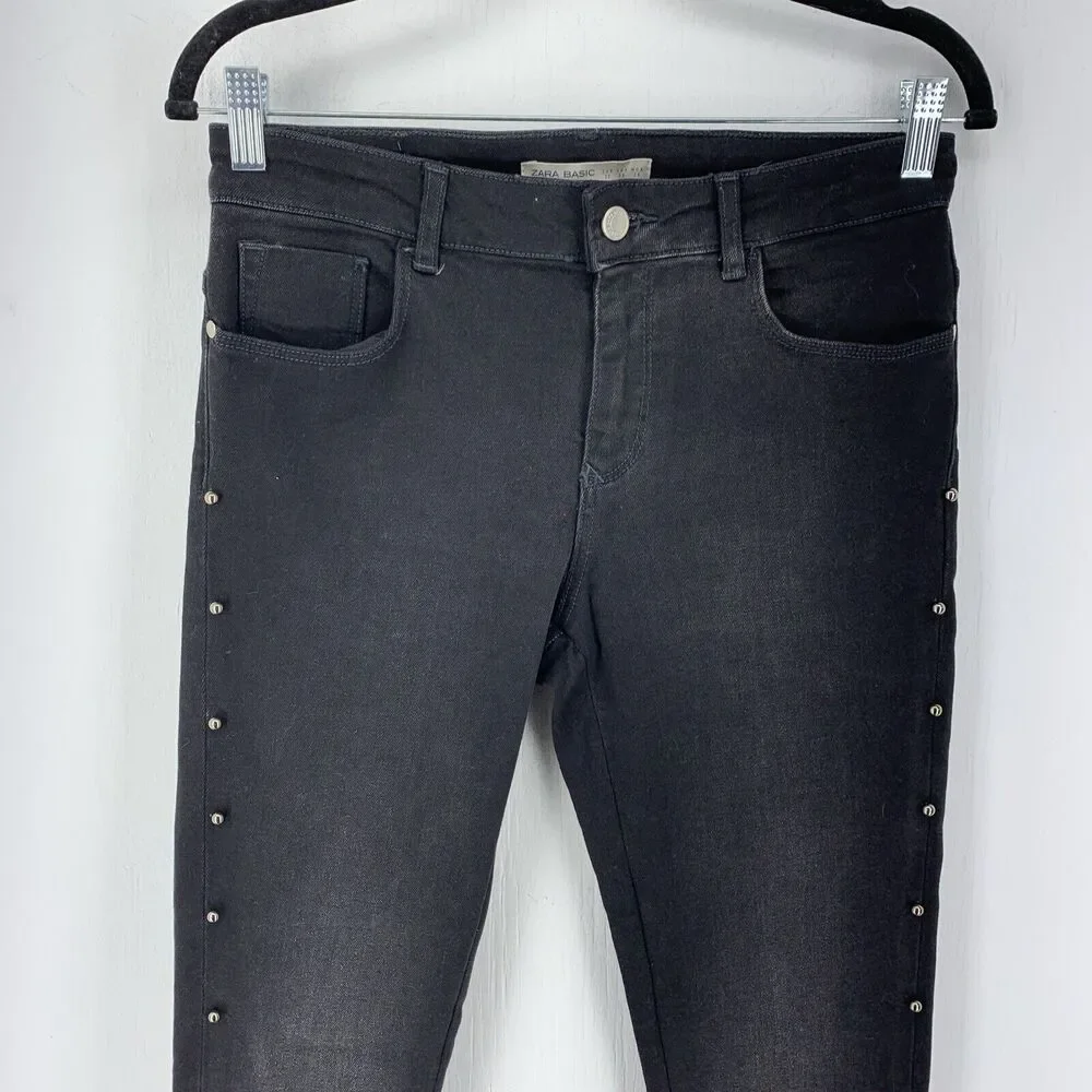 Zara Denim Womens 6 Jeans‎ Studded Moto Biker Whimsy Goth Stretch Fringe Black